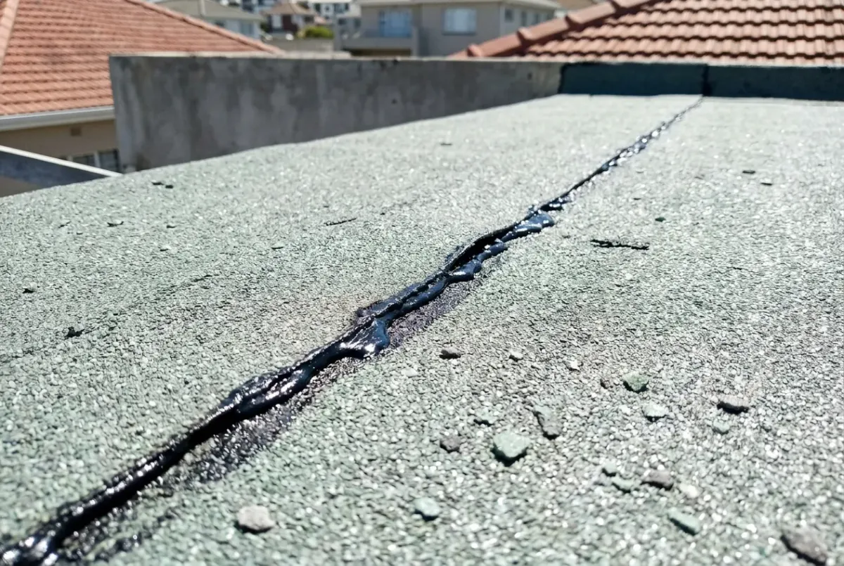 Close-up of a torch-on bitumen membrane lap joint on a Cape Town flat roof, showing the bead of melted bitumen squeezed out along the seam