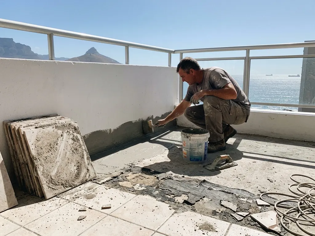 Liquid-membrane balcony waterproofing under tile bed on a Cape Town apartment terrace