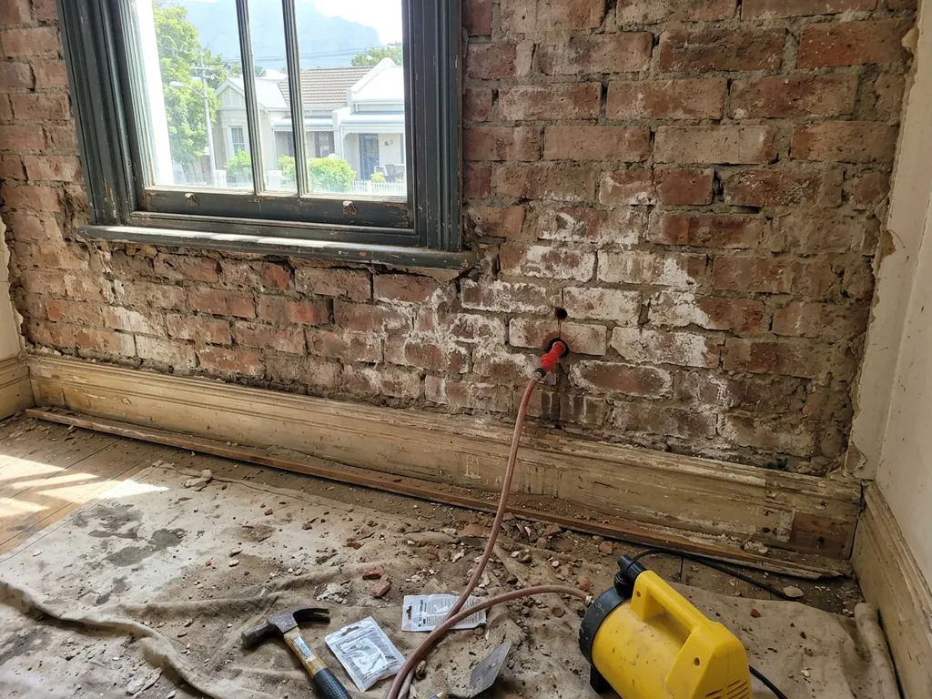 Damp proofing contractor injecting chemical DPC into a brick wall in a Cape Town Cape Town home