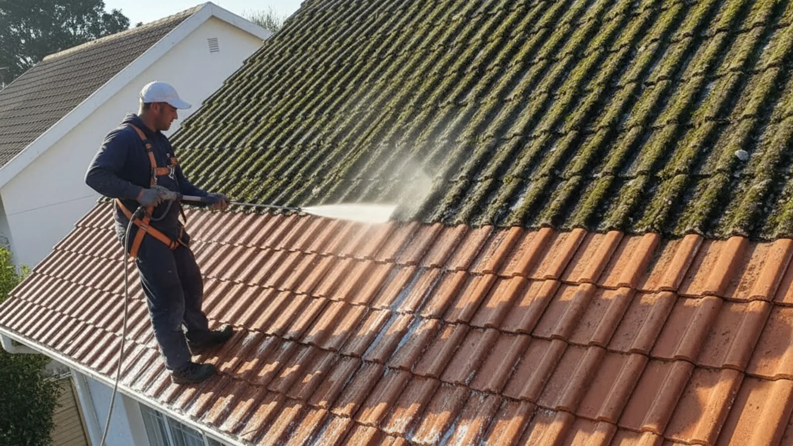 Pressure-washing moss and lichen from a Cape Town tile roof before waterproofing