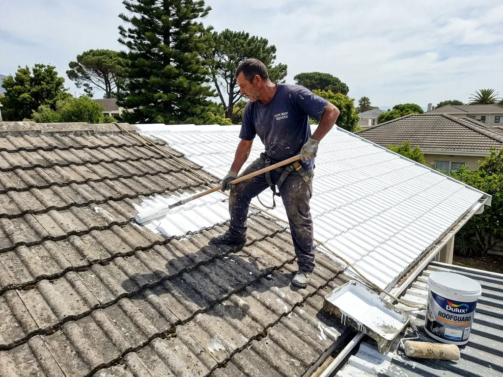 Acrylic roof coating applied to an IBR sheet roof in Cape Town, protecting against UV and wind-driven rain