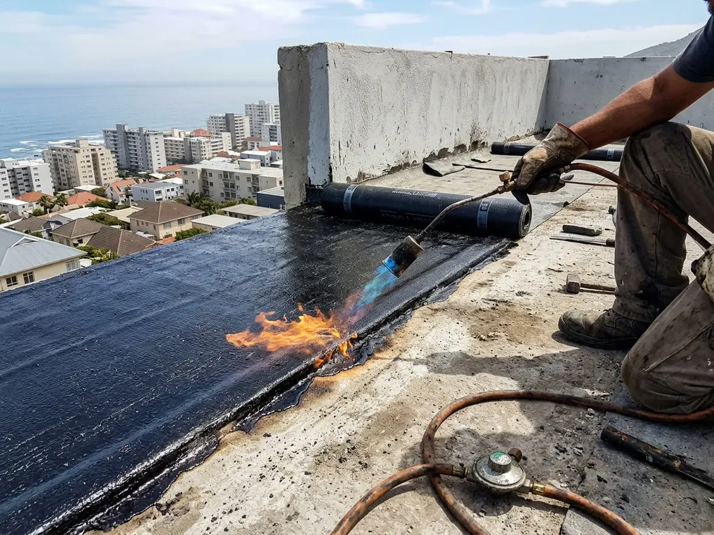 Vetted Cape Town roof waterproofing contractor applying torch-on bitumen membrane to a flat concrete roof